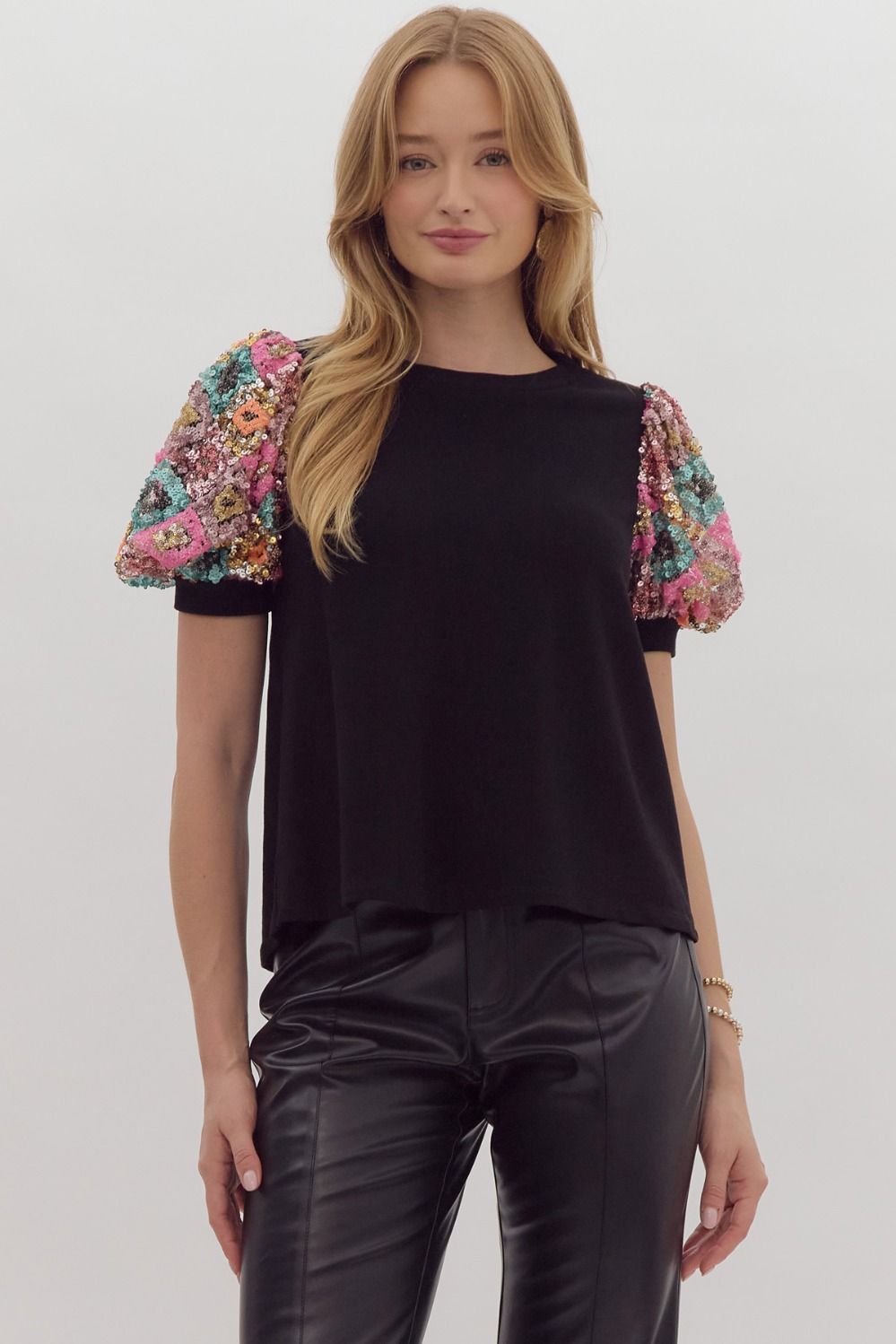 Black Sequin Puff Sleeve Top